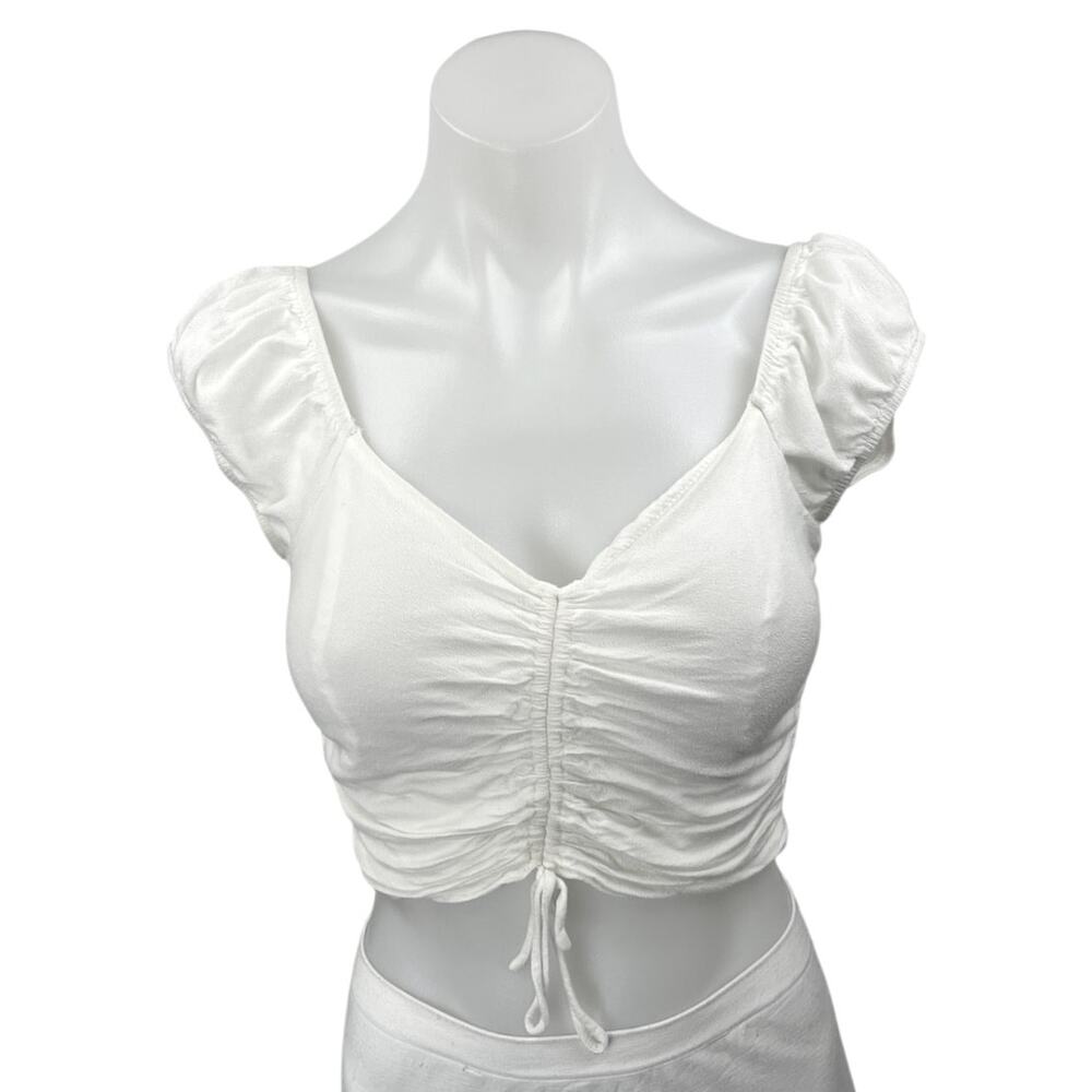 Princess Polly White Short Puff Sleeve Ruched Smocked V Neck Crop Top Size 6